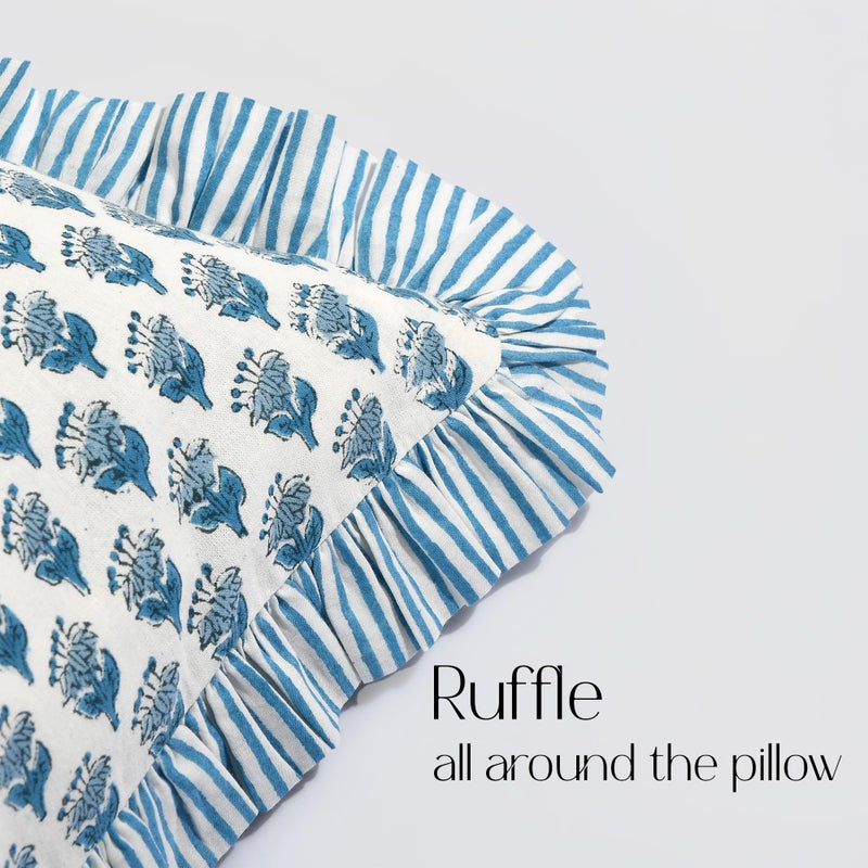 CPC COTTON PRINT CLU CPC Apatite Blue 100% Cotton Block Print Ruffle Sham Cover 14x36 inch  Handmade Boho Floral Pillowcase  Farmhouse Cottagecore Bedding  Soft Decorative Cushion Cover for Bedroom D?cor - Image 5